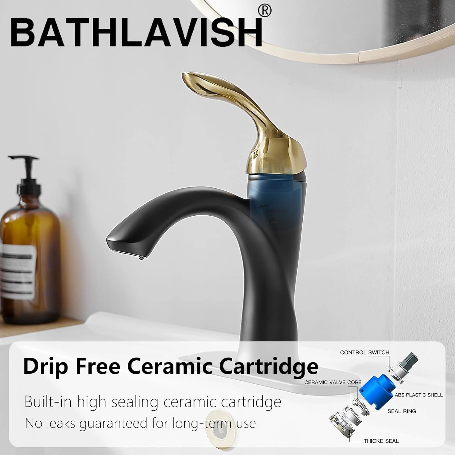 Bathroom Sink Faucet Black and Gold, Single Hole Bathroom Faucet Farmhouse, Single Handle Lavatory Vanity RV with Pop Up Drain with Overflow