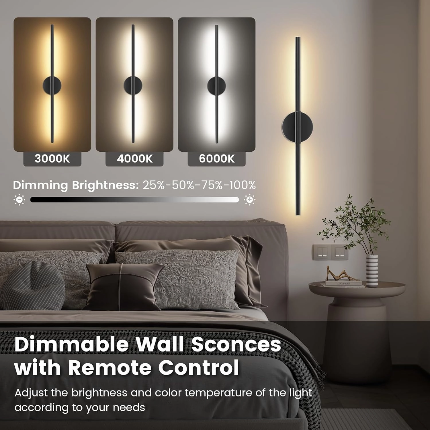 Battery Operated Wall Sconces Set of 2, 360°Rotation Wireless Rechargeable Wall Lights: Dimmable Detachable Wall Lamp with Remote Control, 3000K-6000K Infinite Dimming Wall Sconce 27.6 Inch