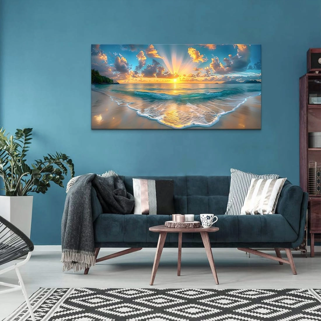 Beach & Ocean Wall Art - Vibrant Coastal Canvas Prints Framed Beach Sunrise Paintings & Ocean Pictures Wall Decor Modern Seascape Poster for Home, Living Room, Bedroom, Bathroom (48"x24")