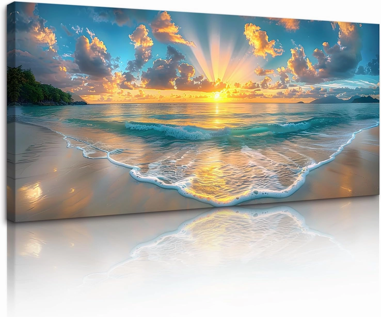 Beach & Ocean Wall Art - Vibrant Coastal Canvas Prints Framed Beach Sunrise Paintings & Ocean Pictures Wall Decor Modern Seascape Poster for Home, Living Room, Bedroom, Bathroom (48"x24")
