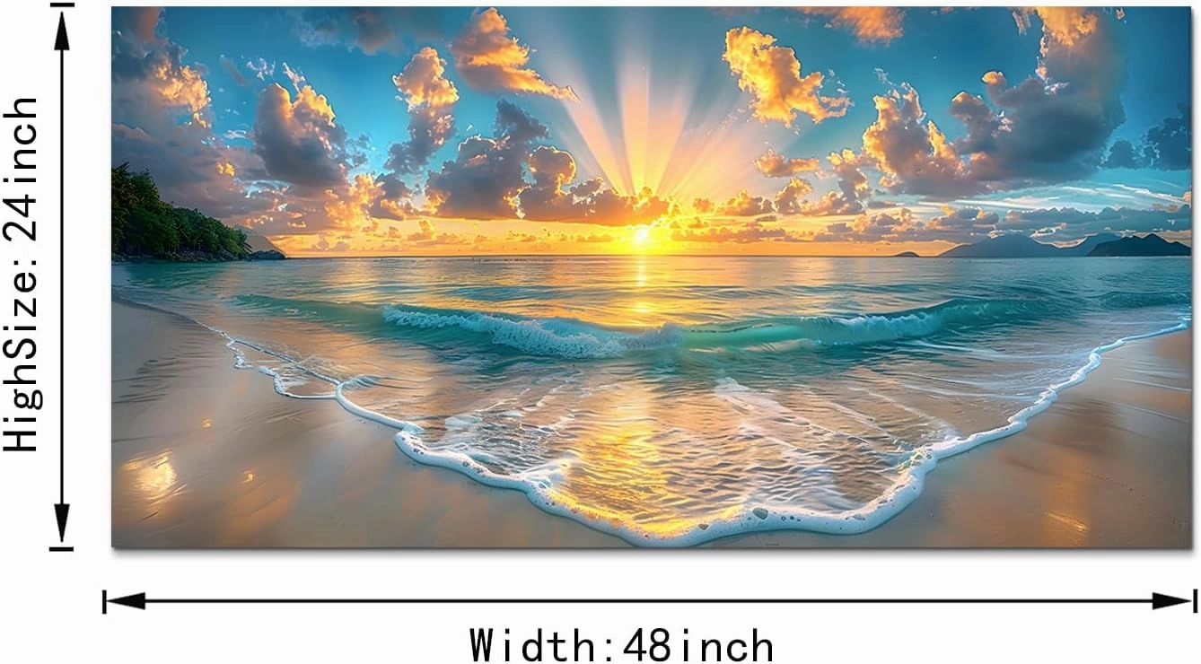 Beach & Ocean Wall Art - Vibrant Coastal Canvas Prints Framed Beach Sunrise Paintings & Ocean Pictures Wall Decor Modern Seascape Poster for Home, Living Room, Bedroom, Bathroom (48"x24")