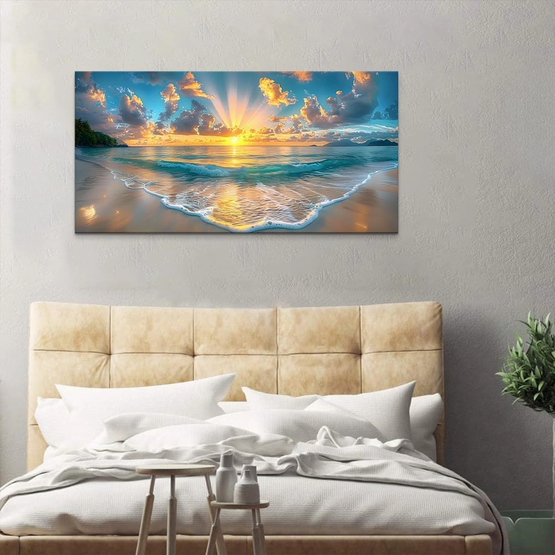 Beach & Ocean Wall Art - Vibrant Coastal Canvas Prints Framed Beach Sunrise Paintings & Ocean Pictures Wall Decor Modern Seascape Poster for Home, Living Room, Bedroom, Bathroom (48"x24")