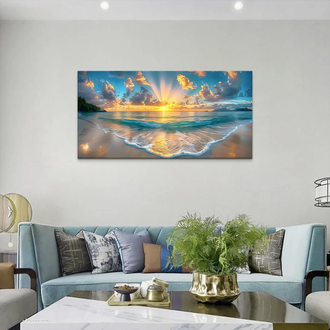 Beach & Ocean Wall Art - Vibrant Coastal Canvas Prints Framed Beach Sunrise Paintings & Ocean Pictures Wall Decor Modern Seascape Poster for Home, Living Room, Bedroom, Bathroom (48"x24")
