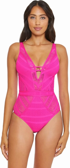 BECCA by Rebecca Virtue Color Play Crochet Plunge One-piece for Women - High Leg Cut Design Pink Flambe MD One Size