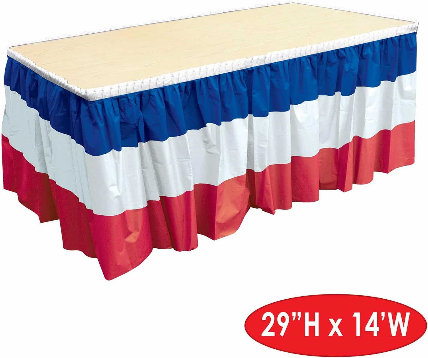 Beistle 2-Pack Plastic Patriotic Table Skirts in Red, White, & Blue, Fourth of July & Memorial Day Party Supplies, France Themed Party Decor, 29" x 14'