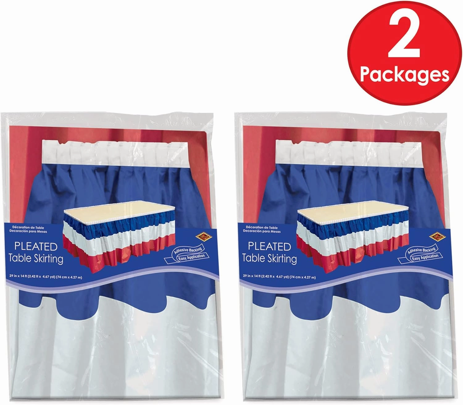 Beistle 2-Pack Plastic Patriotic Table Skirts in Red, White, & Blue, Fourth of July & Memorial Day Party Supplies, France Themed Party Decor, 29" x 14'
