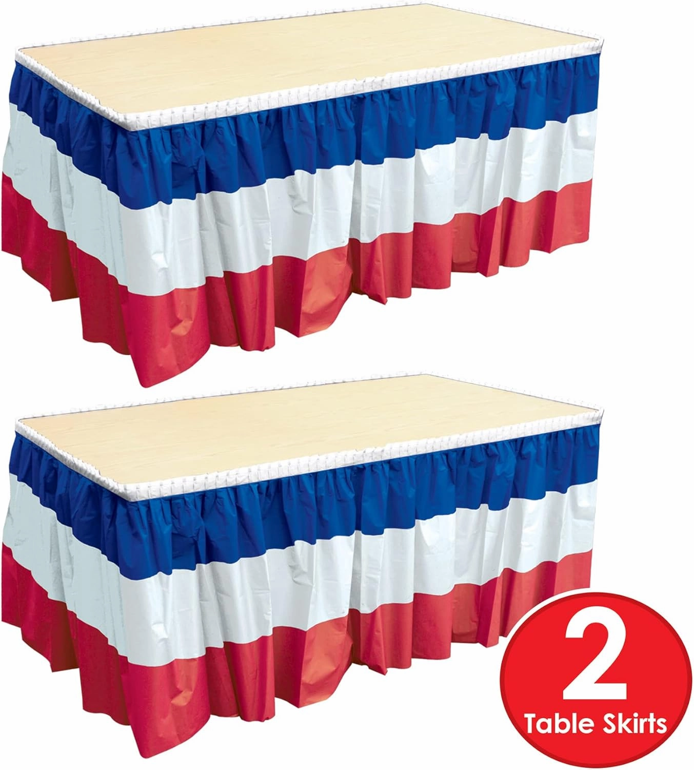 Beistle 2-Pack Plastic Patriotic Table Skirts in Red, White, & Blue, Fourth of July & Memorial Day Party Supplies, France Themed Party Decor, 29" x 14'