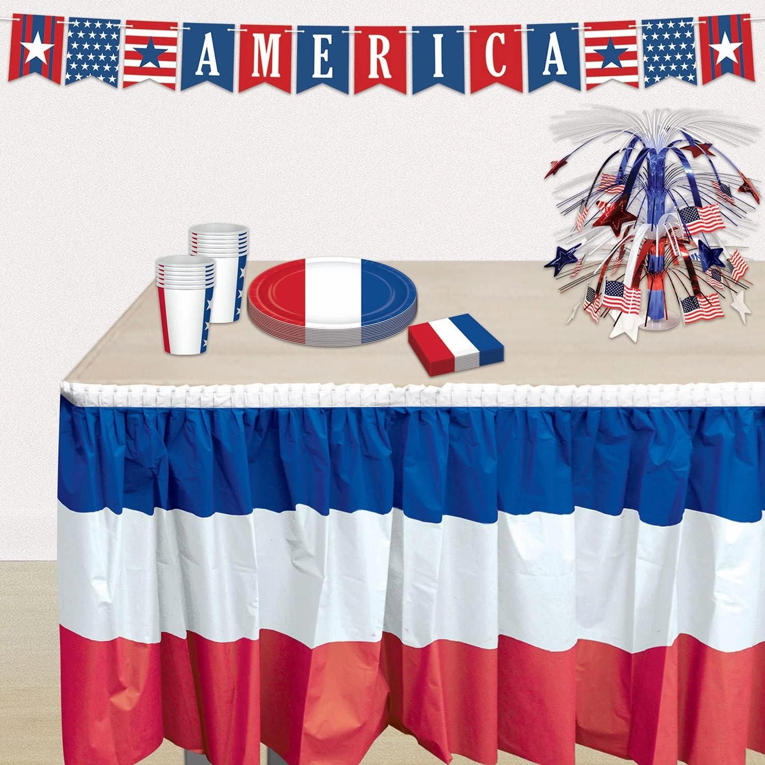 Beistle 2-Pack Plastic Patriotic Table Skirts in Red, White, & Blue, Fourth of July & Memorial Day Party Supplies, France Themed Party Decor, 29" x 14'