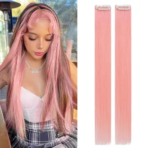Benehair Pink Hair Extensions Clip in Human Hair 16 Inch Colored Hair Extensions Clip ins, Straight Hairpieces Cosplay Party Christmas Halloween Hair Accessories for Girls Women Kids 2 Pieces 8g