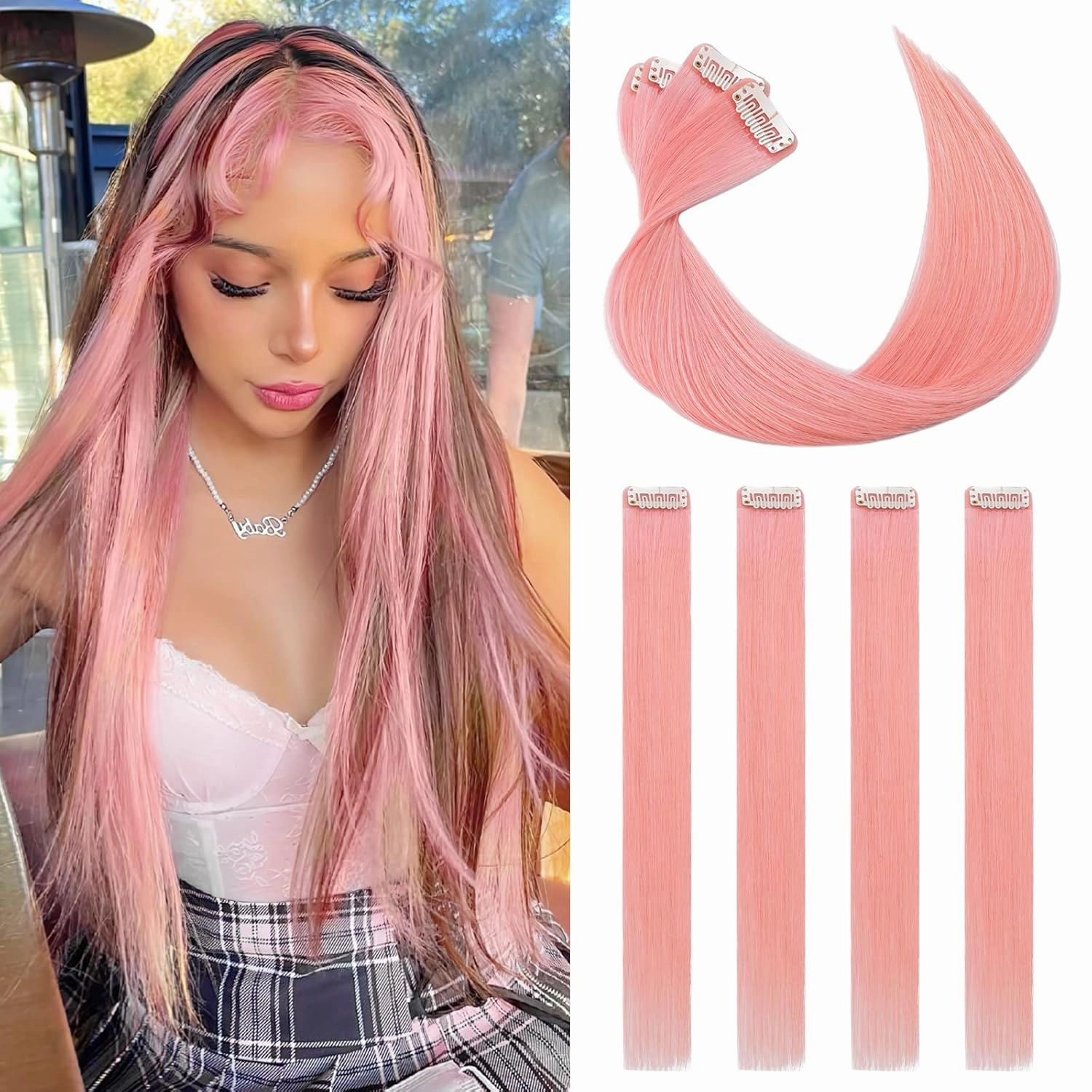 Benehair Pink Hair Extensions Clip in Human Hair 16 Inch Colored Hair Extensions Clip ins, Straight Hairpieces Cosplay Party Christmas Halloween Hair Accessories for Girls Women Kids 4 Pieces 16g