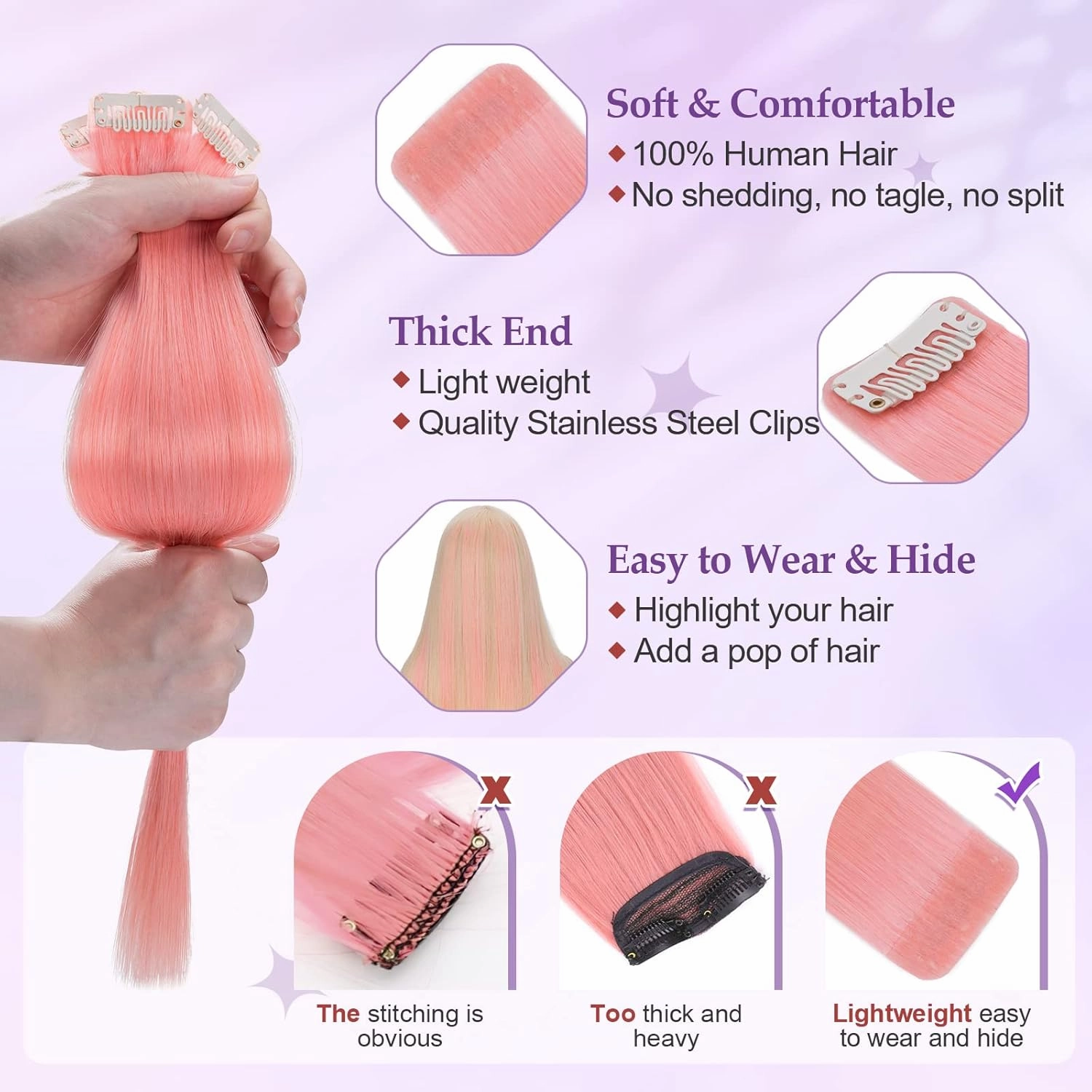Benehair Pink Hair Extensions Clip in Human Hair 16 Inch Colored Hair Extensions Clip ins, Straight Hairpieces Cosplay Party Christmas Halloween Hair Accessories for Girls Women Kids 4 Pieces 16g