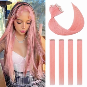 Benehair Pink Hair Extensions Clip in Human Hair 16 Inch Colored Hair Extensions Clip ins, Straight Hairpieces Cosplay Party Christmas Halloween Hair Accessories for Girls Women Kids 4 Pieces 16g