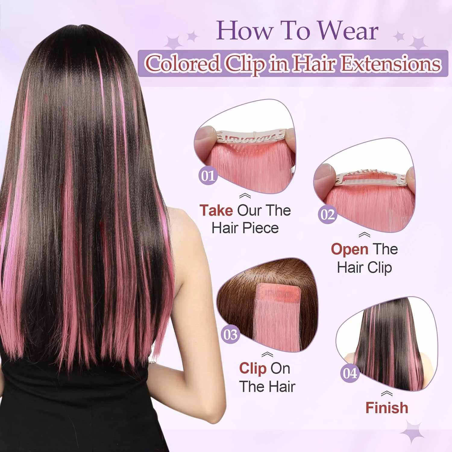 Benehair Pink Hair Extensions Clip in Human Hair 16 Inch Colored Hair Extensions Clip ins, Straight Hairpieces Cosplay Party Christmas Halloween Hair Accessories for Girls Women Kids 4 Pieces 16g