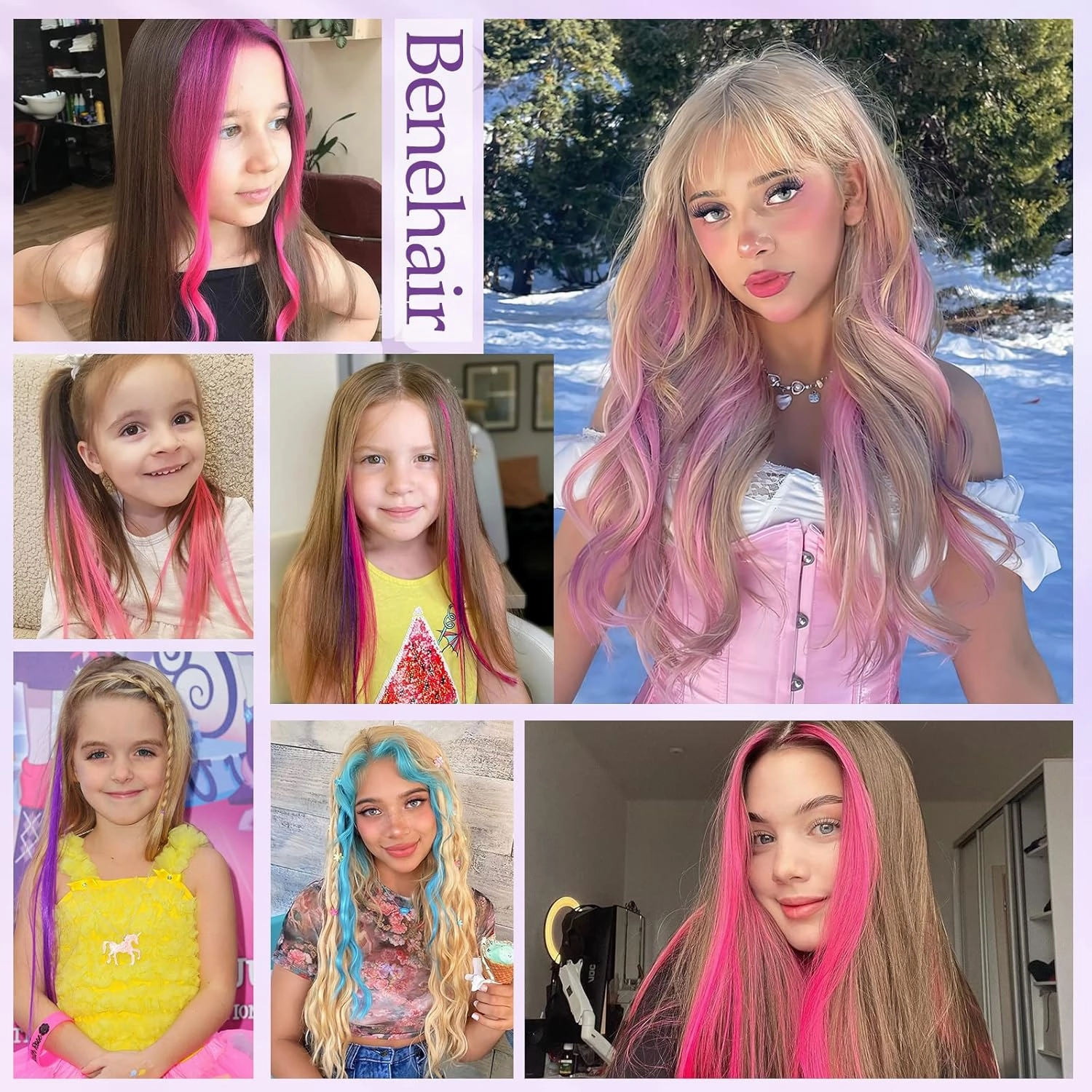 Benehair Pink Hair Extensions Clip in Human Hair 16 Inch Colored Hair Extensions Clip ins, Straight Hairpieces Cosplay Party Christmas Halloween Hair Accessories for Girls Women Kids 4 Pieces 16g