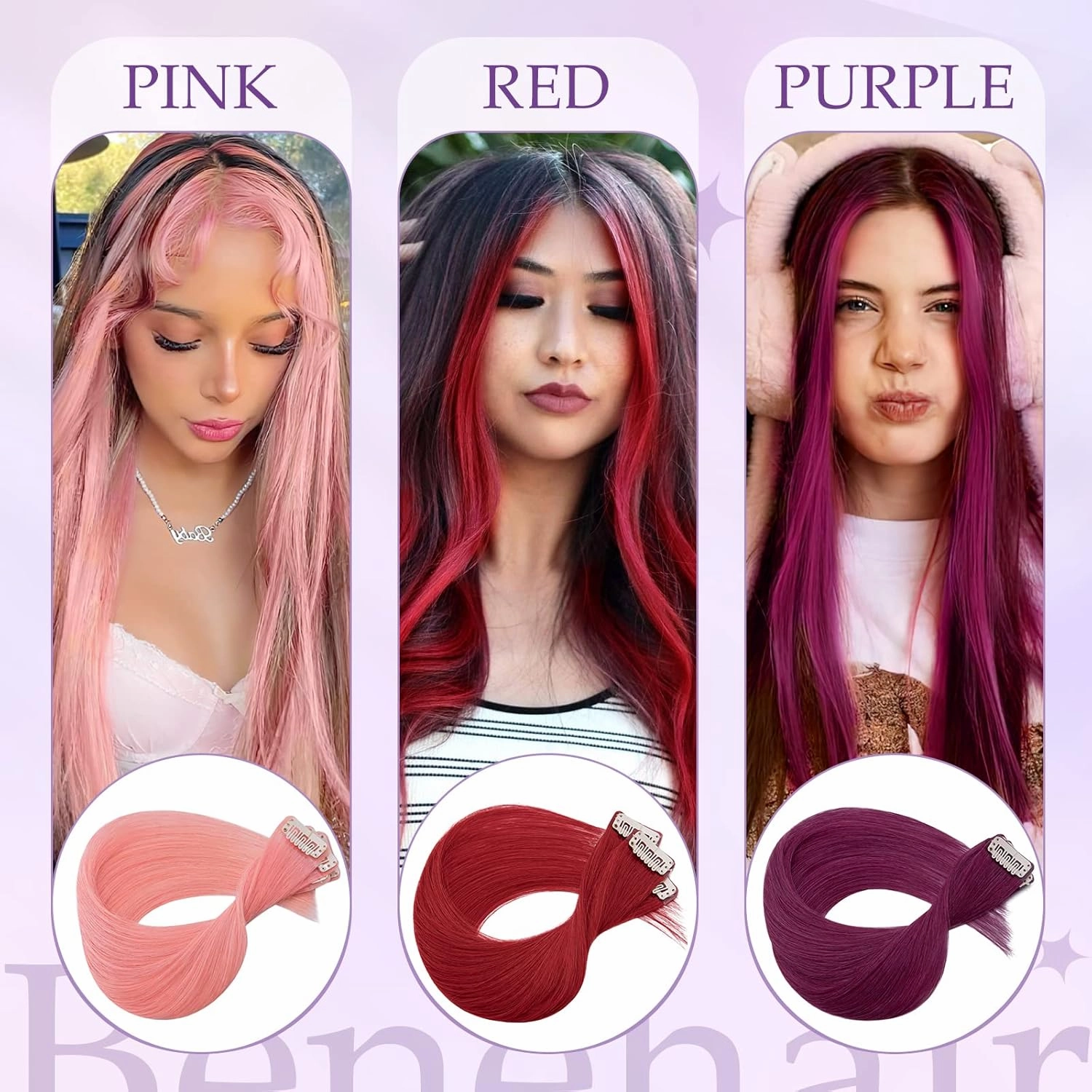 Benehair Pink Hair Extensions Clip in Human Hair 16 Inch Colored Hair Extensions Clip ins, Straight Hairpieces Cosplay Party Christmas Halloween Hair Accessories for Girls Women Kids 6 Pieces 24g