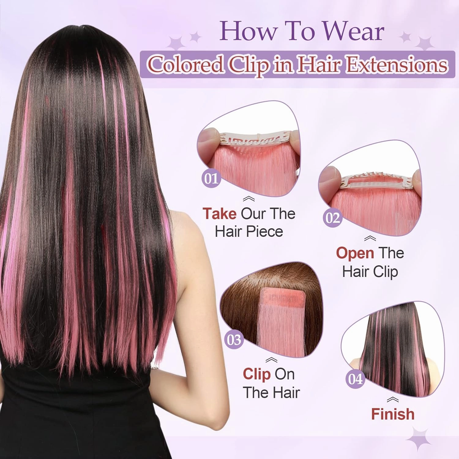 Benehair Pink Hair Extensions Clip in Human Hair 16 Inch Colored Hair Extensions Clip ins, Straight Hairpieces Cosplay Party Christmas Halloween Hair Accessories for Girls Women Kids 6 Pieces 24g