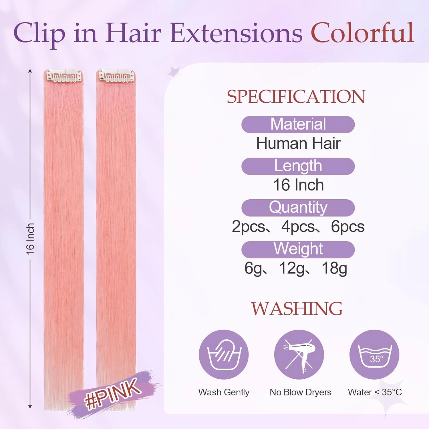 Benehair Pink Hair Extensions Clip in Human Hair 16 Inch Colored Hair Extensions Clip ins, Straight Hairpieces Cosplay Party Christmas Halloween Hair Accessories for Girls Women Kids 6 Pieces 24g