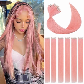 Benehair Pink Hair Extensions Clip in Human Hair 16 Inch Colored Hair Extensions Clip ins, Straight Hairpieces Cosplay Party Christmas Halloween Hair Accessories for Girls Women Kids 6 Pieces 24g
