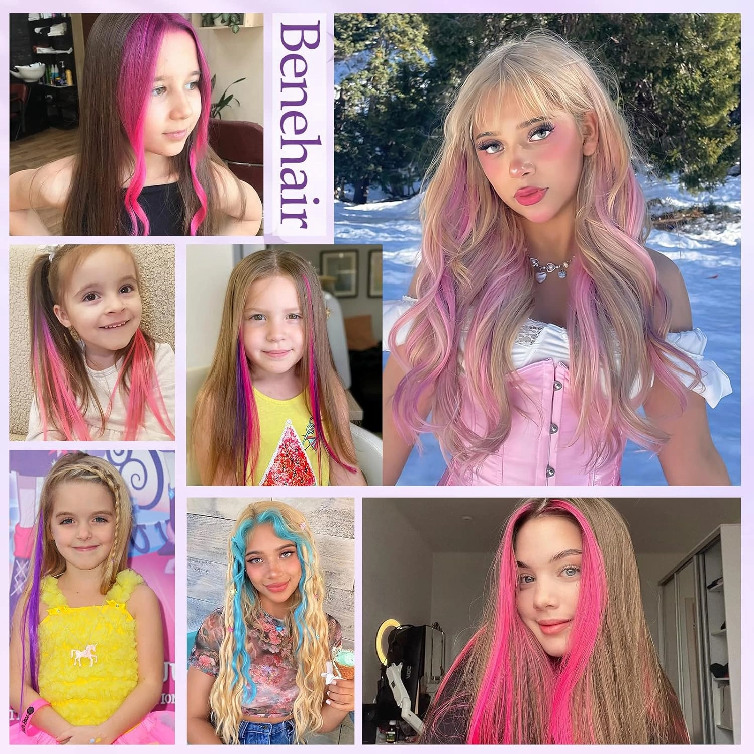 Benehair Pink Hair Extensions Clip in Human Hair 16 Inch Colored Hair Extensions Clip ins, Straight Hairpieces Cosplay Party Christmas Halloween Hair Accessories for Girls Women Kids 6 Pieces 24g