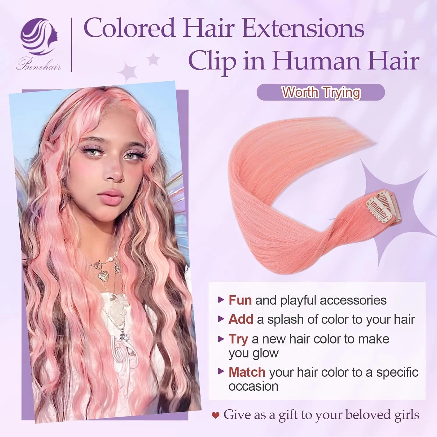 Benehair Pink Hair Extensions Clip in Human Hair 16 Inch Colored Hair Extensions Clip ins, Straight Hairpieces Cosplay Party Christmas Halloween Hair Accessories for Girls Women Kids 6 Pieces 24g
