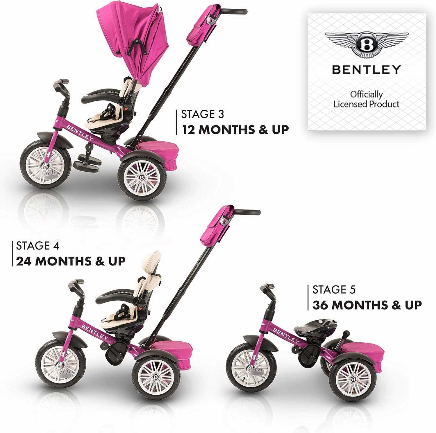 Bentley Trike, All Terrain Toddler Bike 6-in-1, Officially Licensed & Designed by Bentley Motors UK; Baby to Big Kid Tricycle is a Compelling Statement of Performance & Luxury, Fuschia Pink (6m-5y )