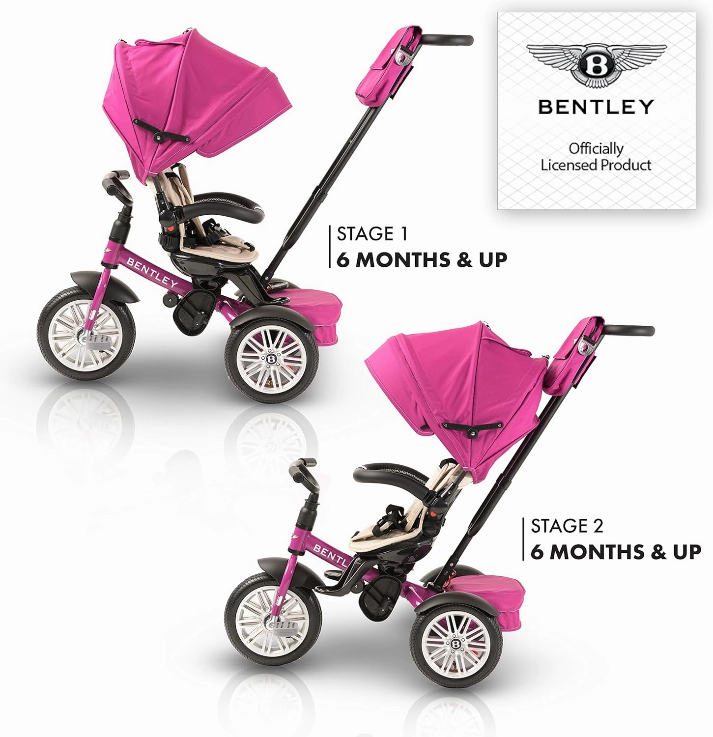 Bentley Trike, All Terrain Toddler Bike 6-in-1, Officially Licensed & Designed by Bentley Motors UK; Baby to Big Kid Tricycle is a Compelling Statement of Performance & Luxury, Fuschia Pink (6m-5y )