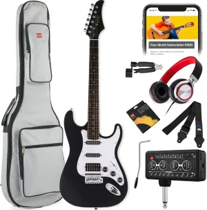 Best Choice Products Beginner HSS Electric Guitar Kit w/Headphone Amplifier, Padded Gig-Bag, Headphones, Guitar Strap - Satin Black/White