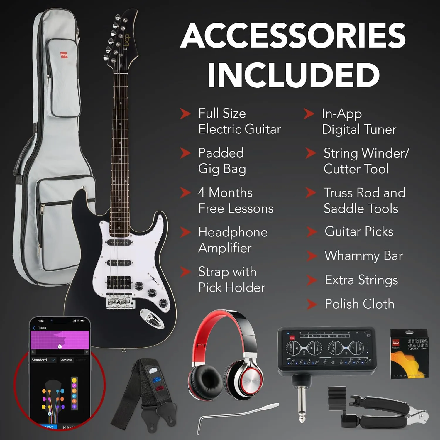 Best Choice Products Beginner HSS Electric Guitar Kit w/Headphone Amplifier, Padded Gig-Bag, Headphones, Guitar Strap - Satin Black/White