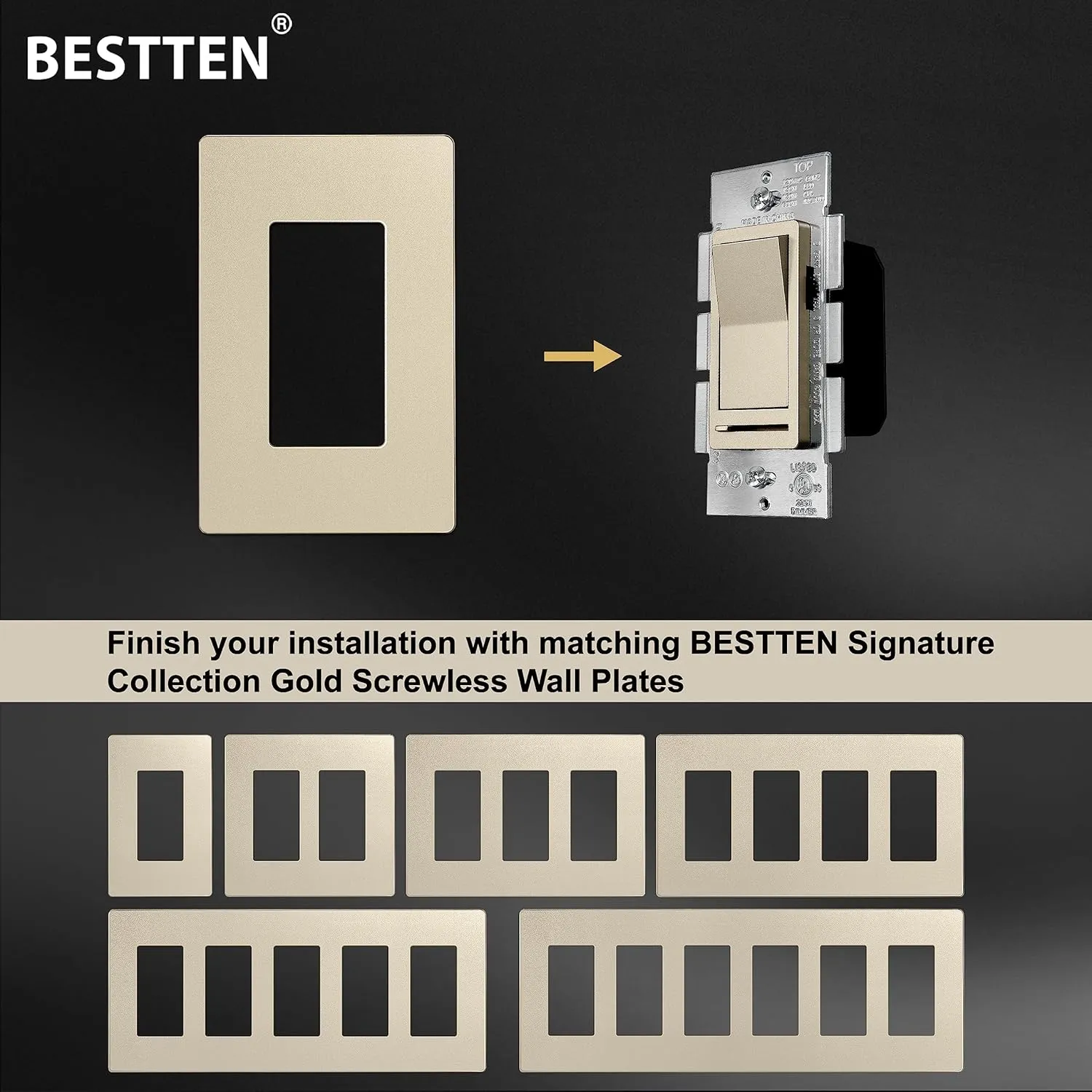 BESTTEN Matte Champagne Gold Dimmer Light Switch, Single Pole or 3-Way, Compatible with Dimmable LED, CFL, Incandescent and Halogen Bulb, 120VAC, Signature Collection, UL Listed