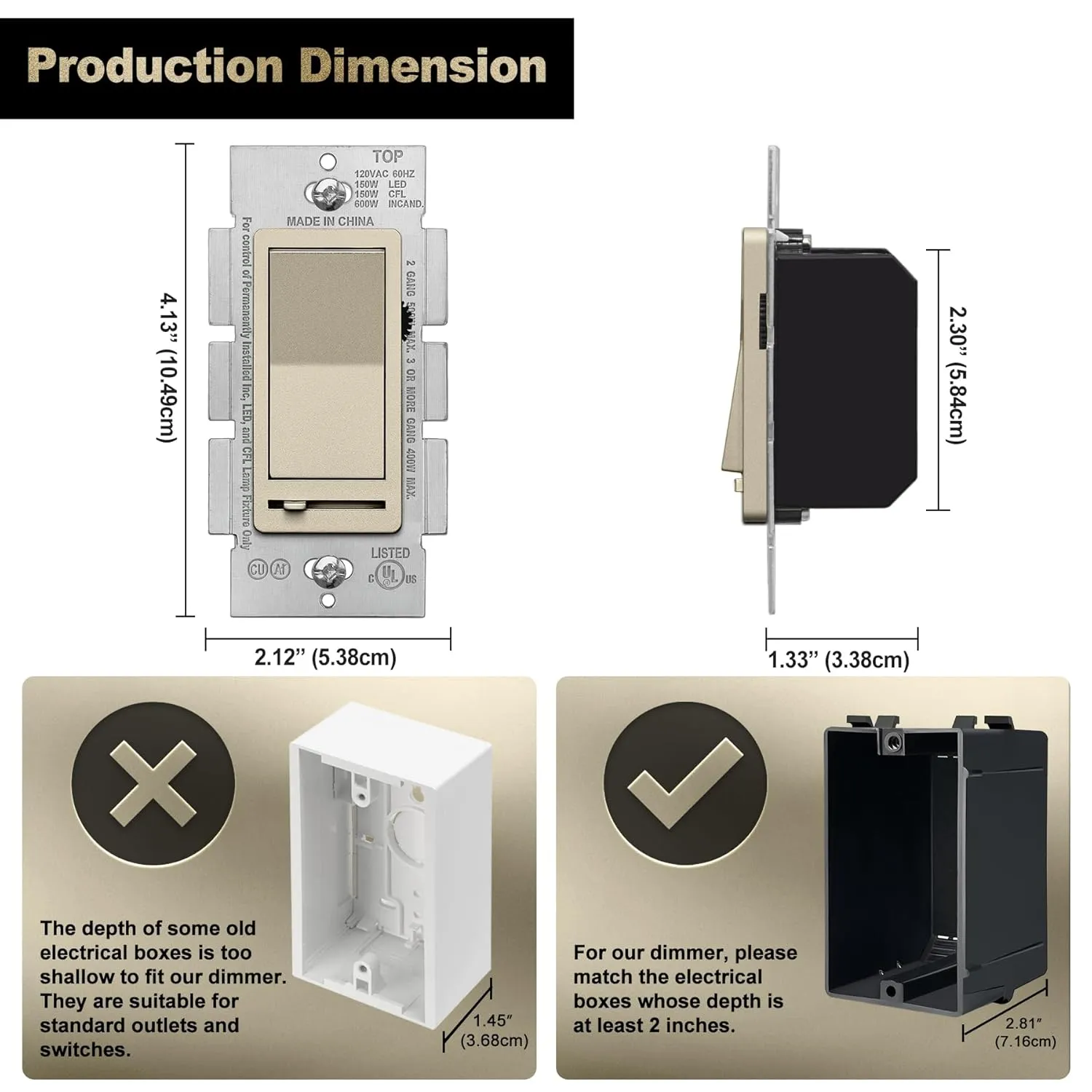 BESTTEN Matte Champagne Gold Dimmer Light Switch, Single Pole or 3-Way, Compatible with Dimmable LED, CFL, Incandescent and Halogen Bulb, 120VAC, Signature Collection, UL Listed