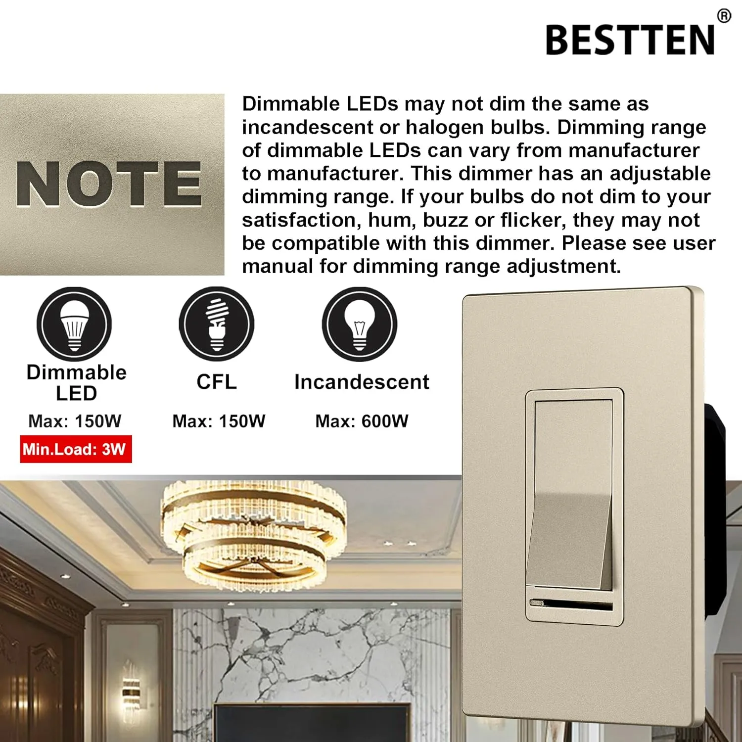 BESTTEN Matte Champagne Gold Dimmer Light Switch, Single Pole or 3-Way, Compatible with Dimmable LED, CFL, Incandescent and Halogen Bulb, 120VAC, Signature Collection, UL Listed
