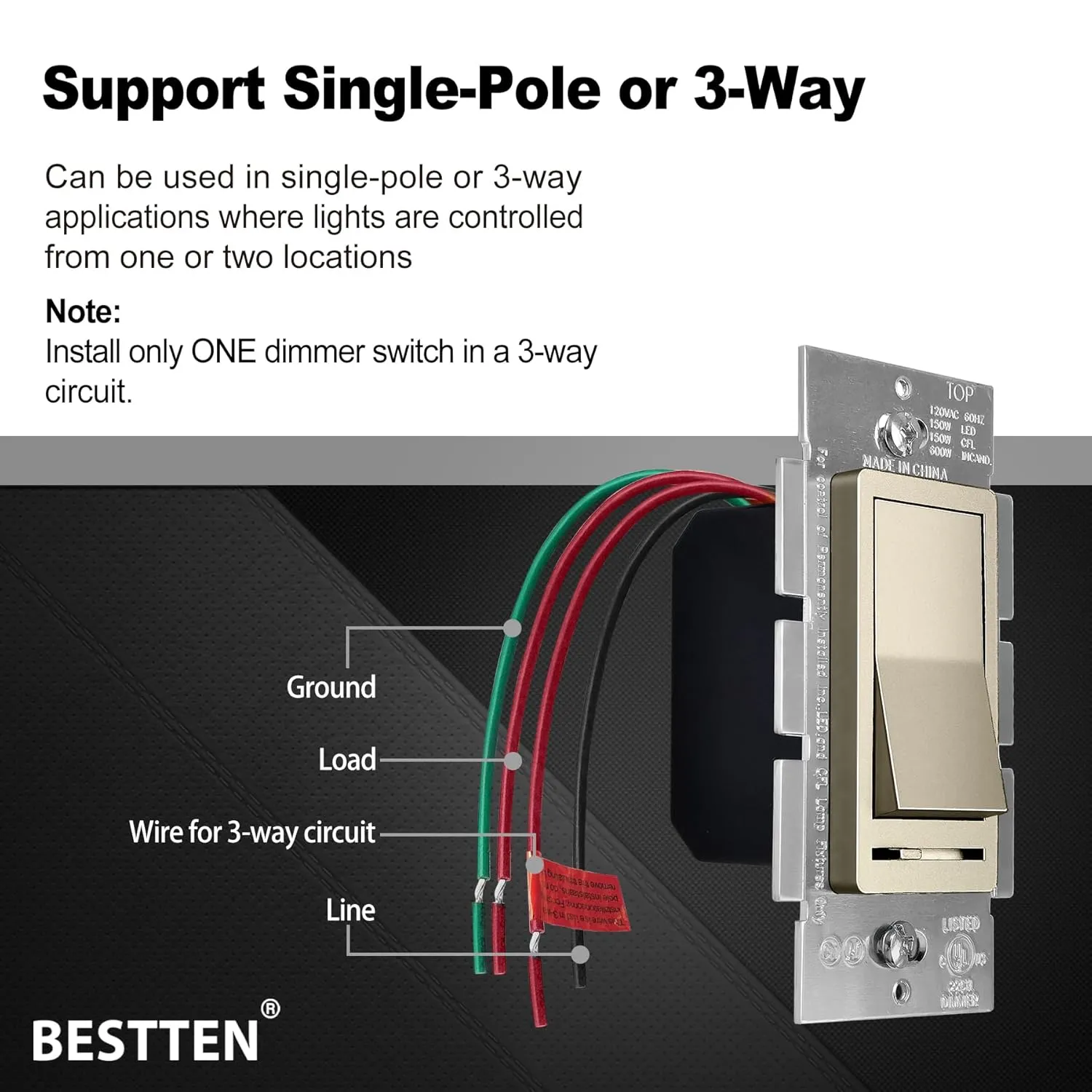 BESTTEN Matte Champagne Gold Dimmer Light Switch, Single Pole or 3-Way, Compatible with Dimmable LED, CFL, Incandescent and Halogen Bulb, 120VAC, Signature Collection, UL Listed