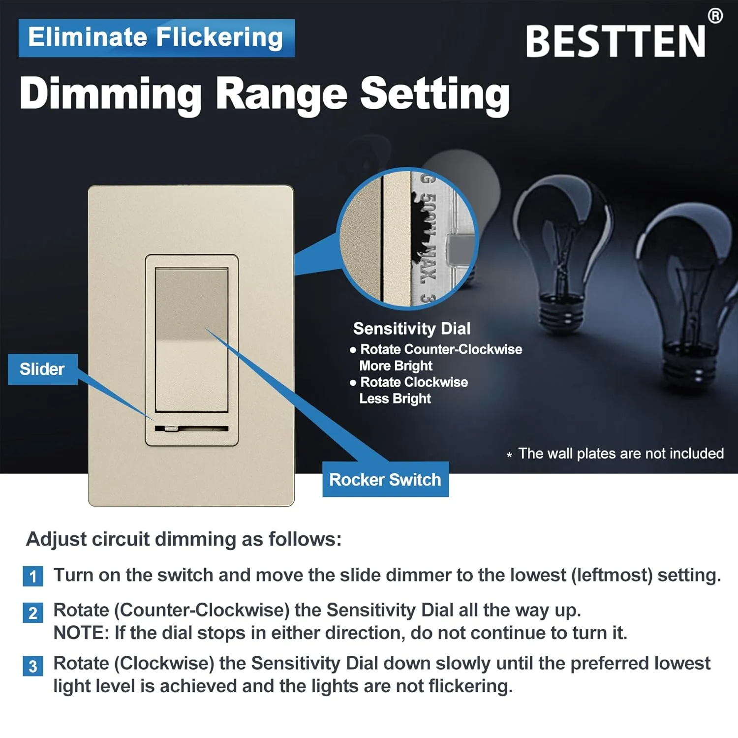 BESTTEN Matte Champagne Gold Dimmer Light Switch, Single Pole or 3-Way, Compatible with Dimmable LED, CFL, Incandescent and Halogen Bulb, 120VAC, Signature Collection, UL Listed