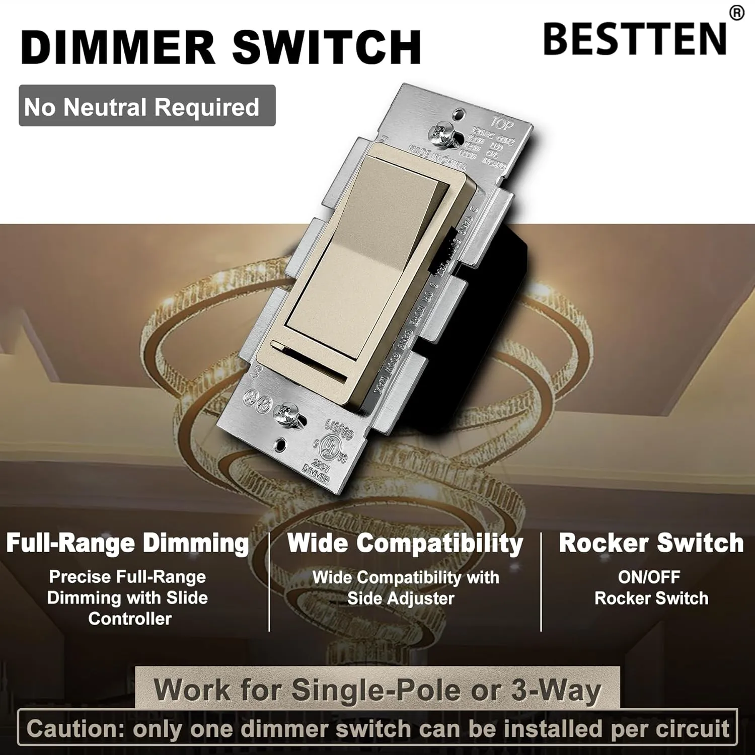 BESTTEN Matte Champagne Gold Dimmer Light Switch, Single Pole or 3-Way, Compatible with Dimmable LED, CFL, Incandescent and Halogen Bulb, 120VAC, Signature Collection, UL Listed