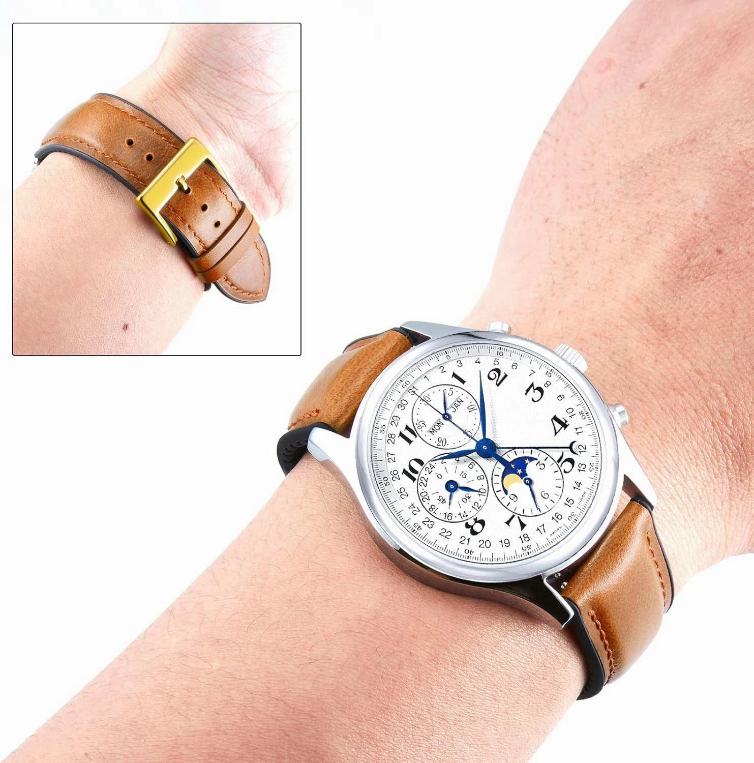 BINLUN Leather Watch Band 14mm 16mm 18mm 19mm 20mm 21mm 22mm Quick Release Premium Oil Wax Leather and Breathable Silicone Hybrid Watch Bands Replacement Strap for Men Women