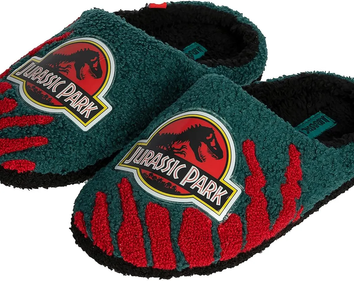 Bioworld Jurassic Park Logo Blue Fuzzy Slippers