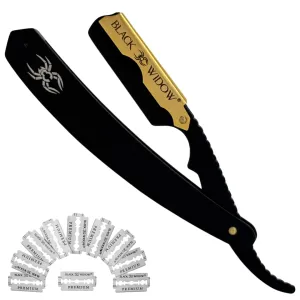Black Widow Razor, Professional Straight Razor for Men, Barber Straight Edge Razor Safety with 10 Pack Blades (1.5mm Exposure) (Gold)