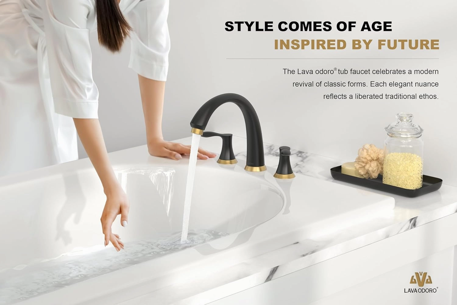 Black Gold Roman Tub Faucet, Lava Odoro 8 inch Widespread Bathtub Faucet with Valve, High Flow 2 Handle Deck Mount Tub Faucet, Solid Brass 3 Hole Bath Tub Filler TF405-GB