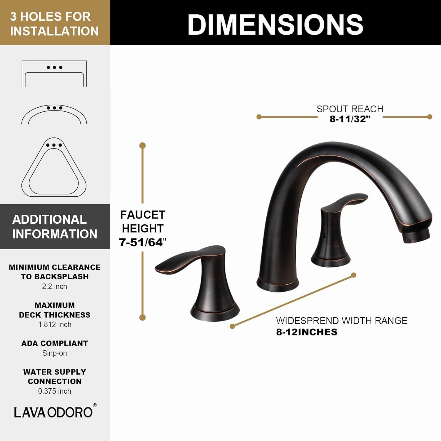 Black Gold Roman Tub Faucet, Lava Odoro 8 inch Widespread Bathtub Faucet with Valve, High Flow 2 Handle Deck Mount Tub Faucet, Solid Brass 3 Hole Bath Tub Filler TF405-GB