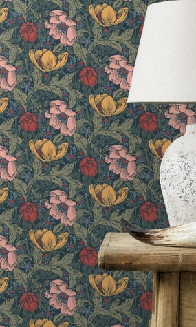 Blue & Pink Bold Leaves and Flowers Tropical Wallpaper R7769
