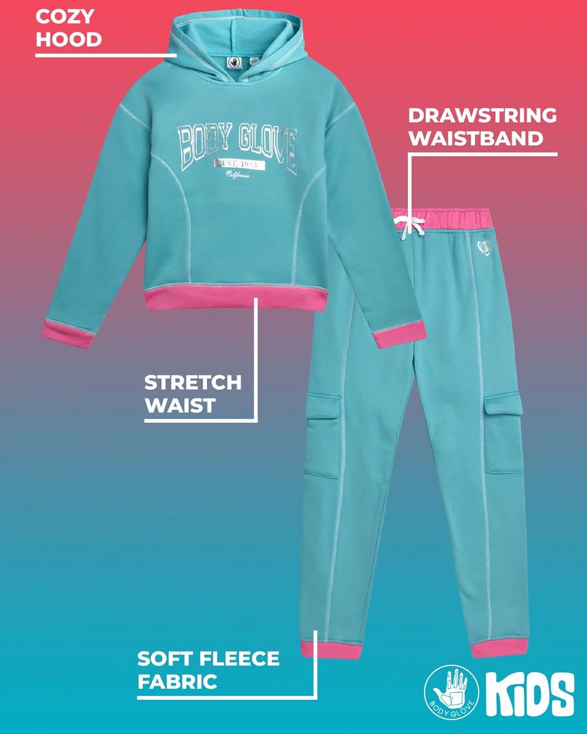 Body Glove Girls' Fleece Jog Set - 2 Piece Cozy Fleece Pullover Hoodie and Jogger Sweatpants (Size: 7-12)