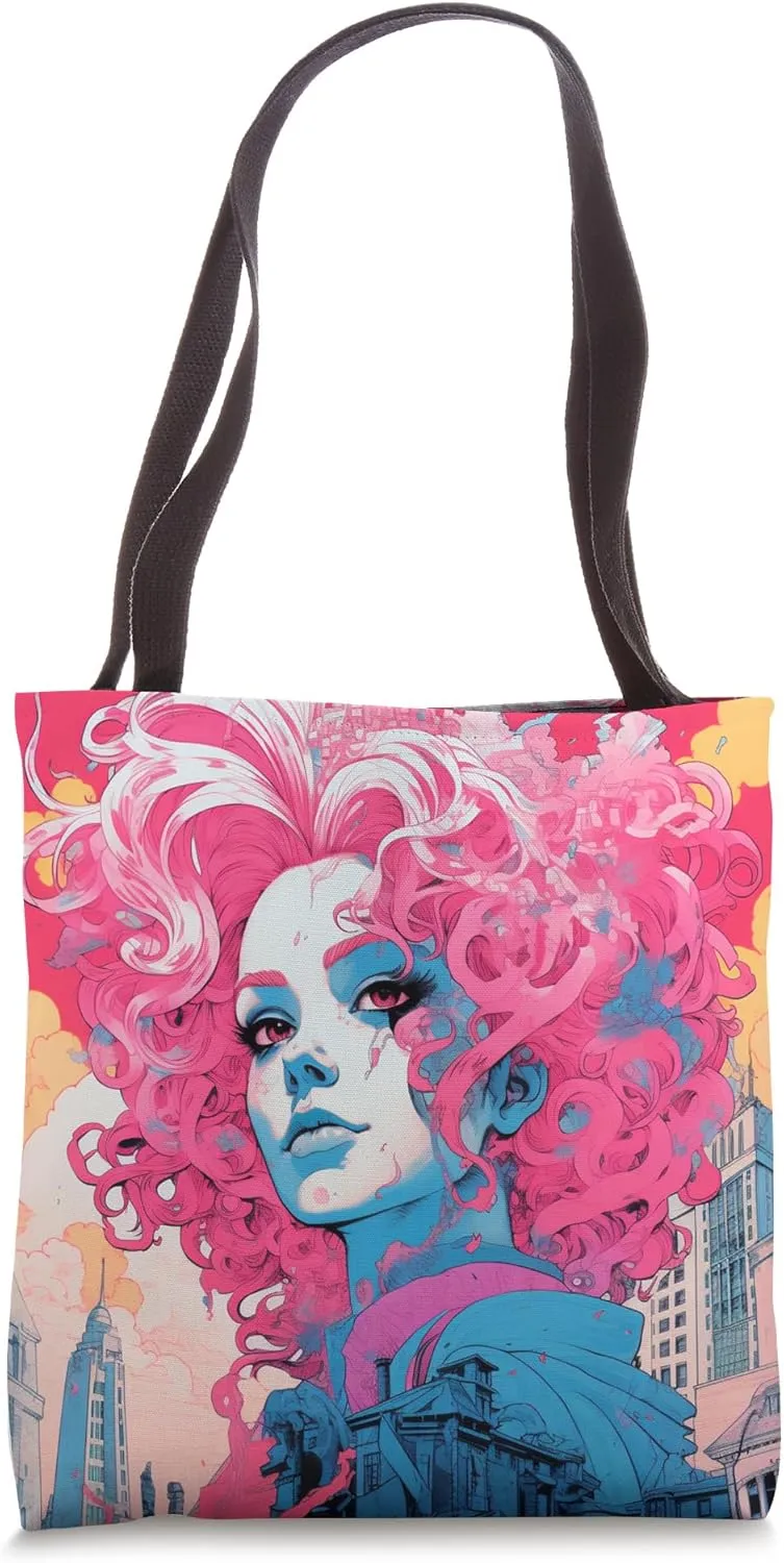 Bold Beauty: Pink-Haired Poise Against Urban Bustle Tote Bag