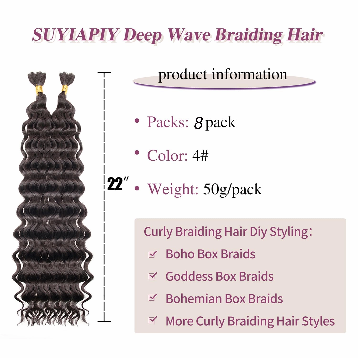 Braiding Hair for Boho Braids 8 Packs Chocolate Brown Deep Wave Crochet Hair for Women Bohemian Wet and Wavy Bulk Hair Extensions Synthetic Micro Braiding Hair(#4,22 Inch)