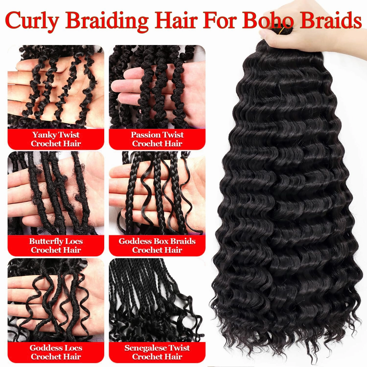 Braiding Hair for Boho Braids 8 Packs Deep Wave Crochet Hair for Women Bohemian Wet and Wavy Bulk Hair Extensions Synthetic Micro Braiding Hair Natural Black