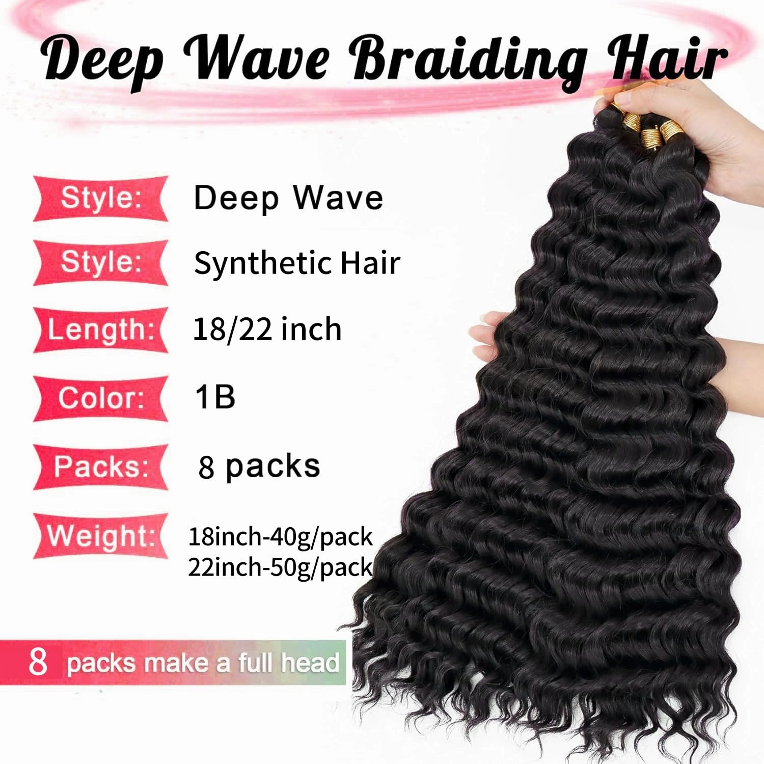 Braiding Hair for Boho Braids 8 Packs Deep Wave Crochet Hair for Women Bohemian Wet and Wavy Bulk Hair Extensions Synthetic Micro Braiding Hair Natural Black