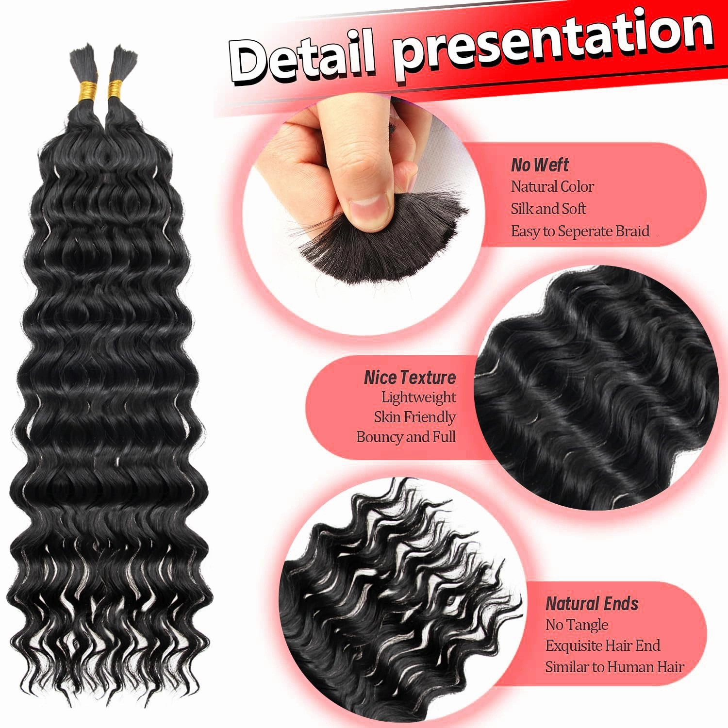 Braiding Hair for Boho Braids 8 Packs Deep Wave Crochet Hair for Women Bohemian Wet and Wavy Bulk Hair Extensions Synthetic Micro Braiding Hair Natural Black