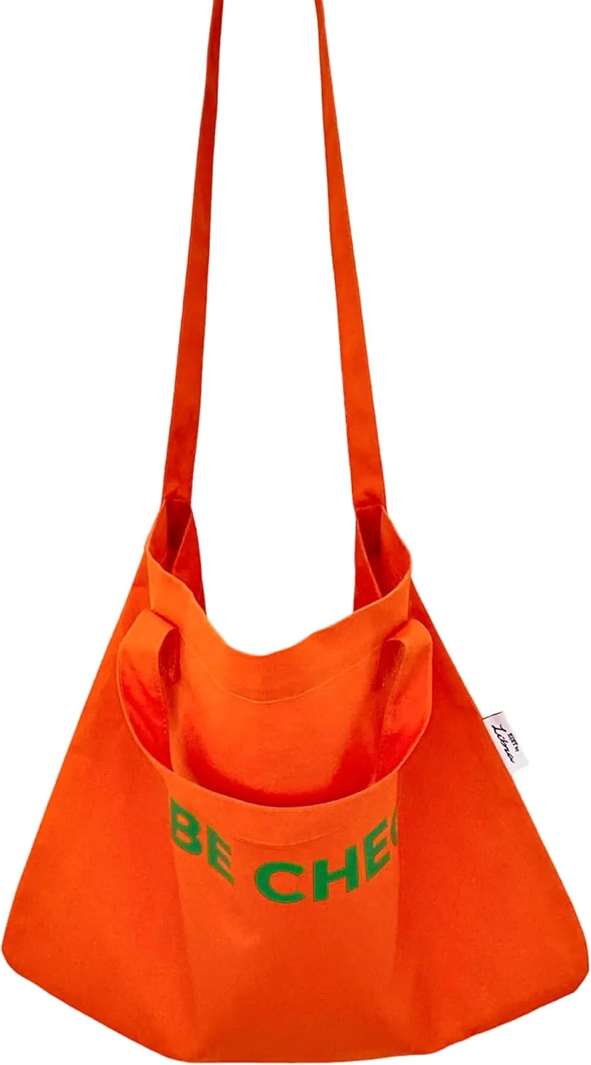 Bright Color Reusable Cotton Tote, Casual Shoulder Work daily bag, Grocery Bag with Inside Pocket, Vibe Check