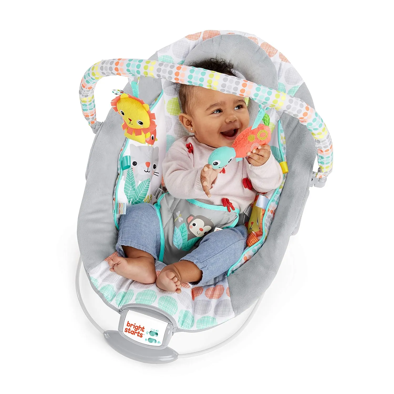 Bright Starts Comfy Baby Bouncer Soothing Vibrations Infant Seat - Taggies, Music, Removable -Toy Bar, 0-6 Months Up to 20 lbs (Whimsical Wild)