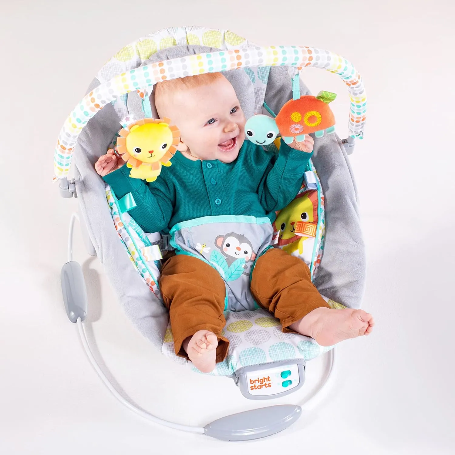 Bright Starts Comfy Baby Bouncer Soothing Vibrations Infant Seat - Taggies, Music, Removable -Toy Bar, 0-6 Months Up to 20 lbs (Whimsical Wild)