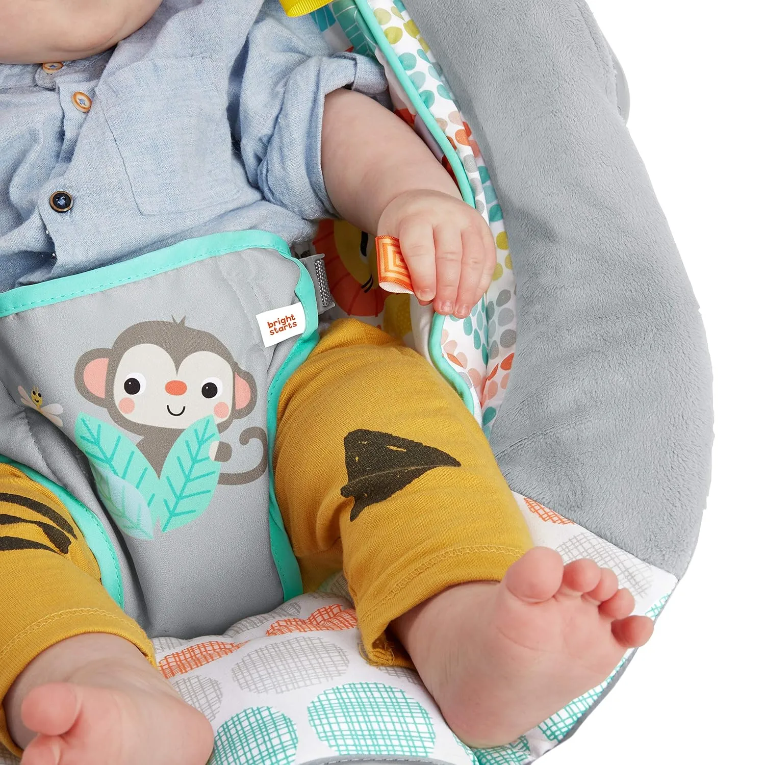 Bright Starts Comfy Baby Bouncer Soothing Vibrations Infant Seat - Taggies, Music, Removable -Toy Bar, 0-6 Months Up to 20 lbs (Whimsical Wild)
